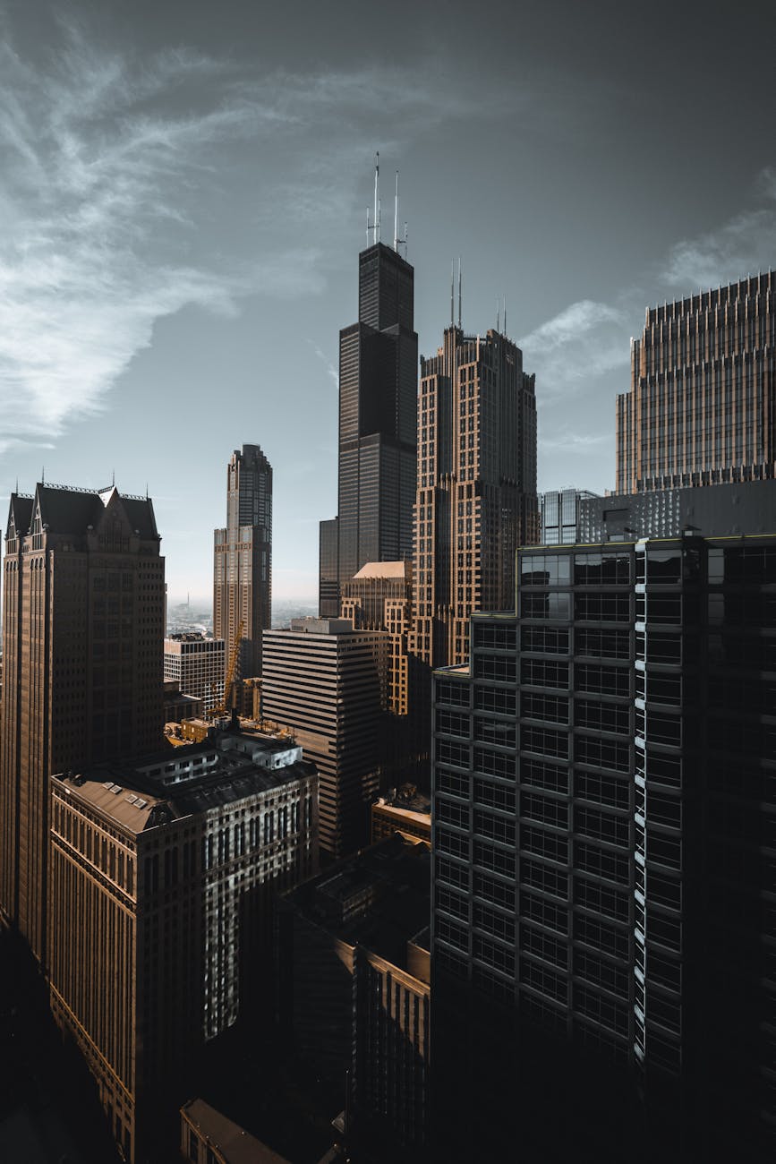 Elevated view of Chicago’s modern skyline with the iconic Willis Tower. Elevated view of Chicago’s modern skyline with the iconic Willis Tower.