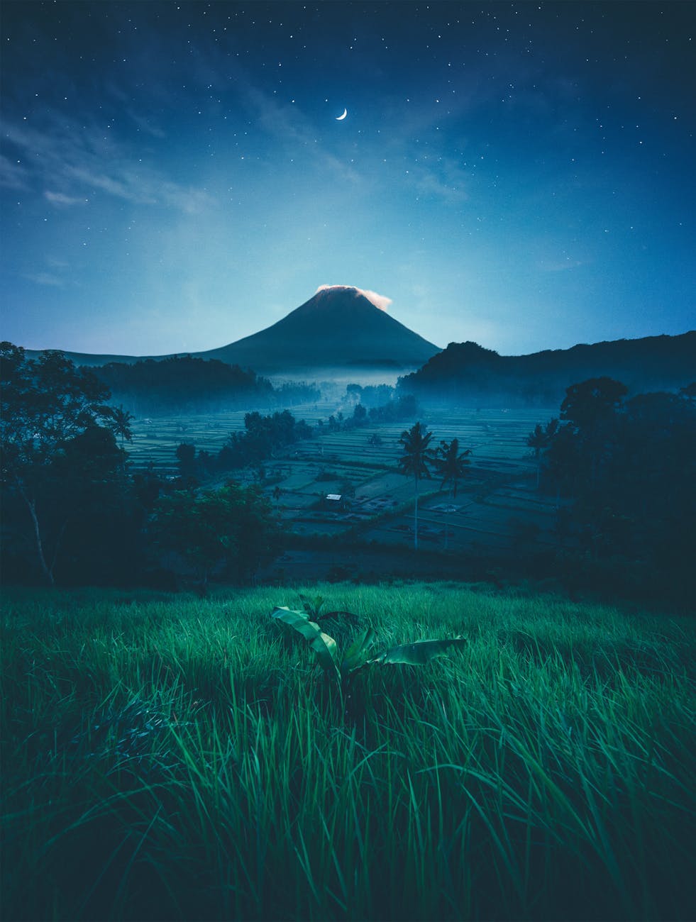A breathtaking view of a moonlit mountain with vivid green fields, creating a serene and magical atmosphere. A breathtaking view of a moonlit mountain with vivid green fields, creating a serene and magical atmosphere.