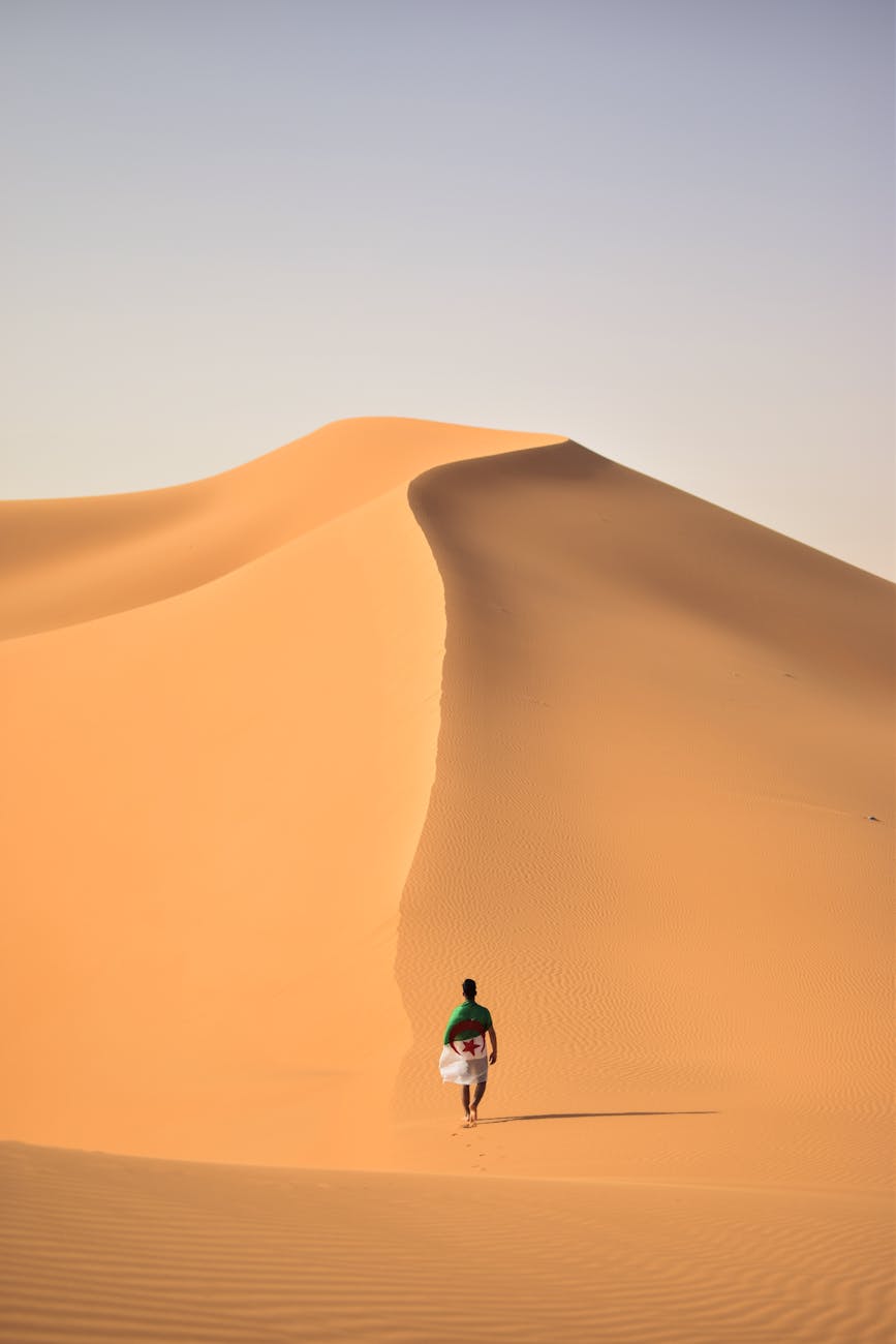 A lone traveler walking over the vast, golden sand dunes of the Sahara Desert in Algeria. A lone traveler walking over the vast, golden sand dunes of the Sahara Desert in Algeria.