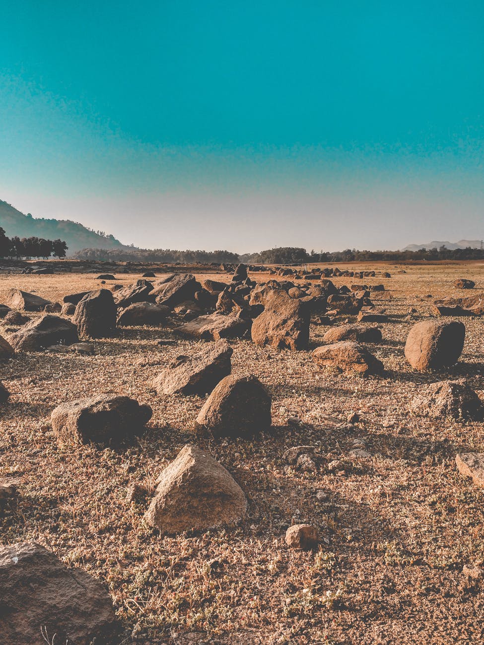 A beautiful arid desert landscape with scattered rocks under a…
