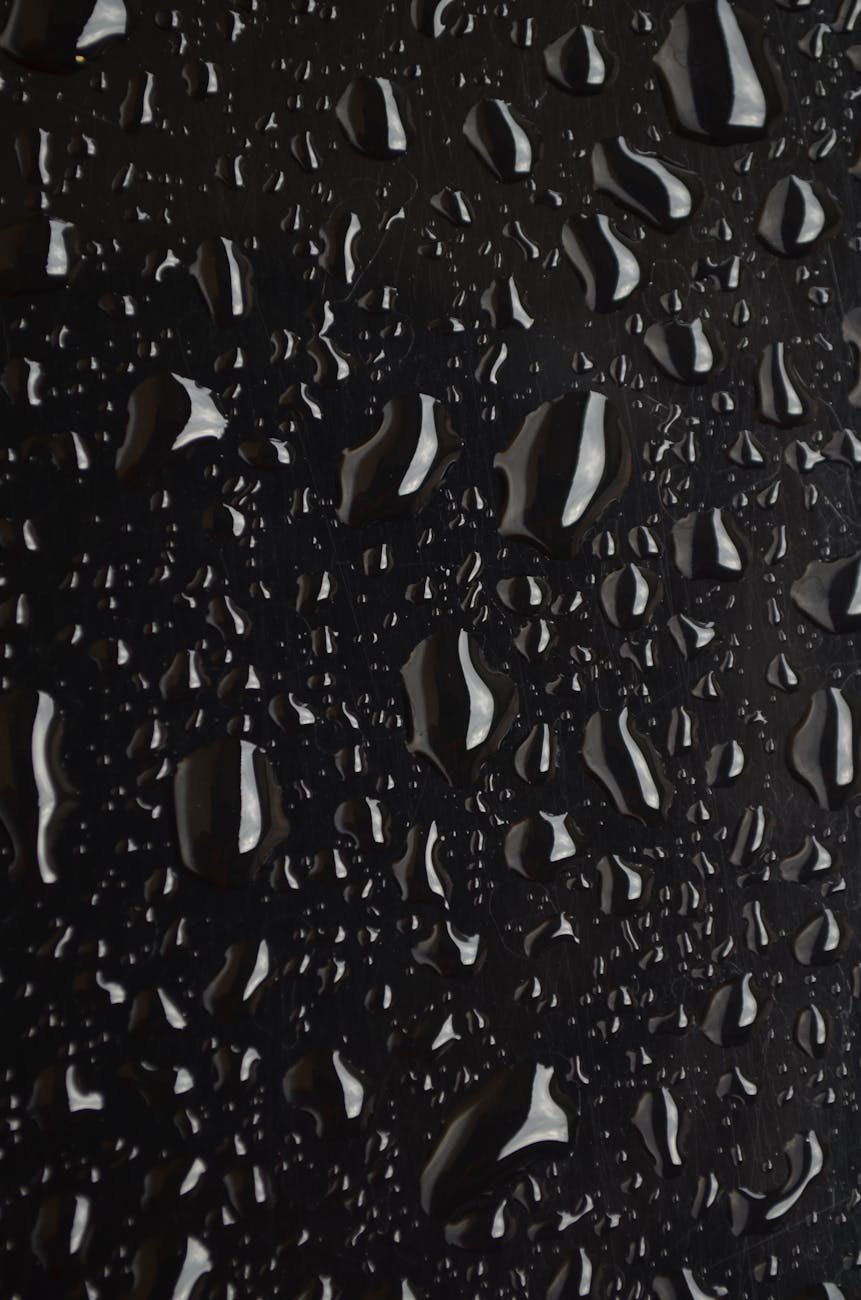 Macro shot of water droplets on a black surface, showcasing texture and detail. Macro shot of water droplets on a black surface, showcasing texture and detail.