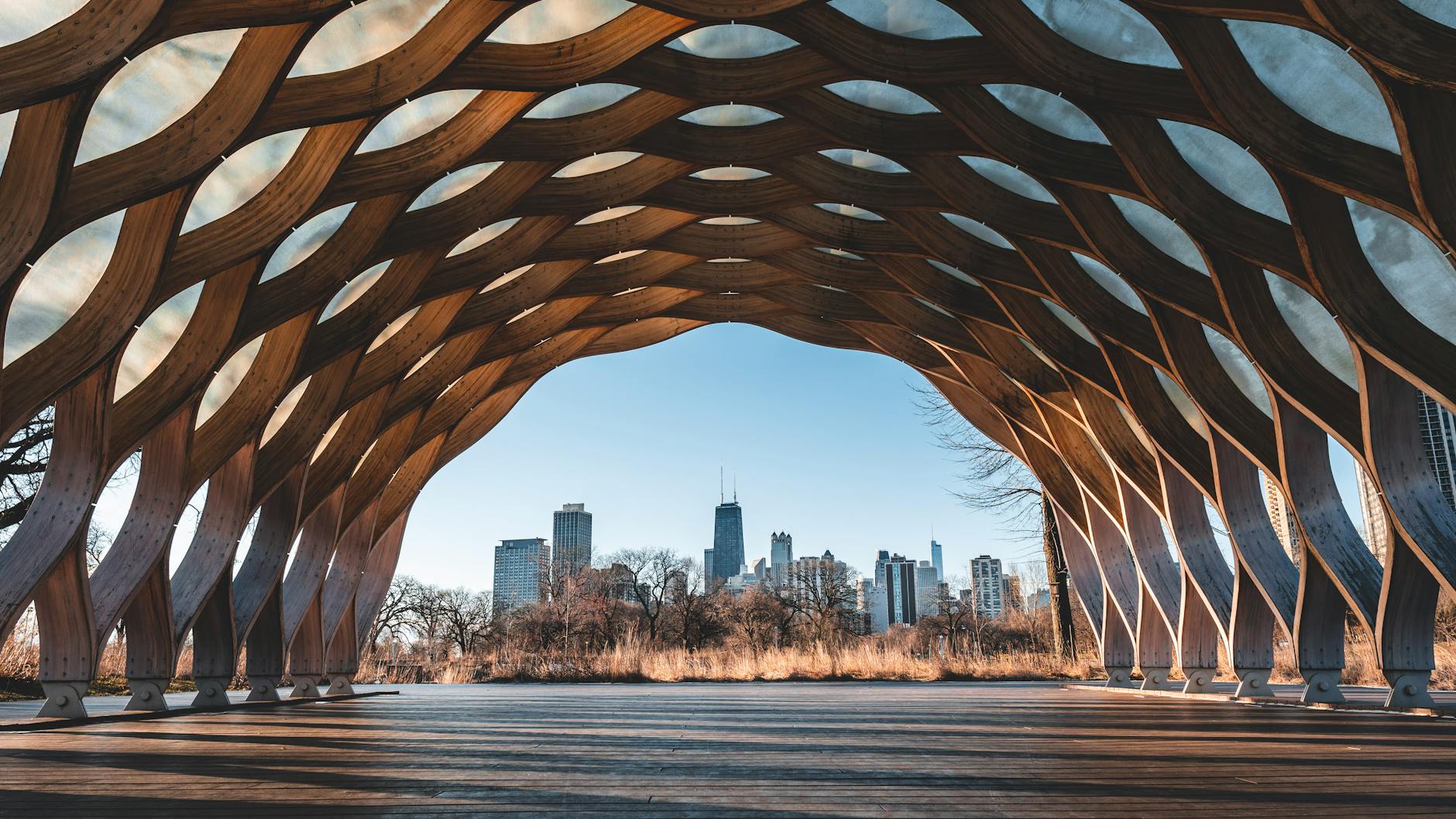 Stunning modern structure framing the Chicago skyline, a perfect blend of architecture and nature.