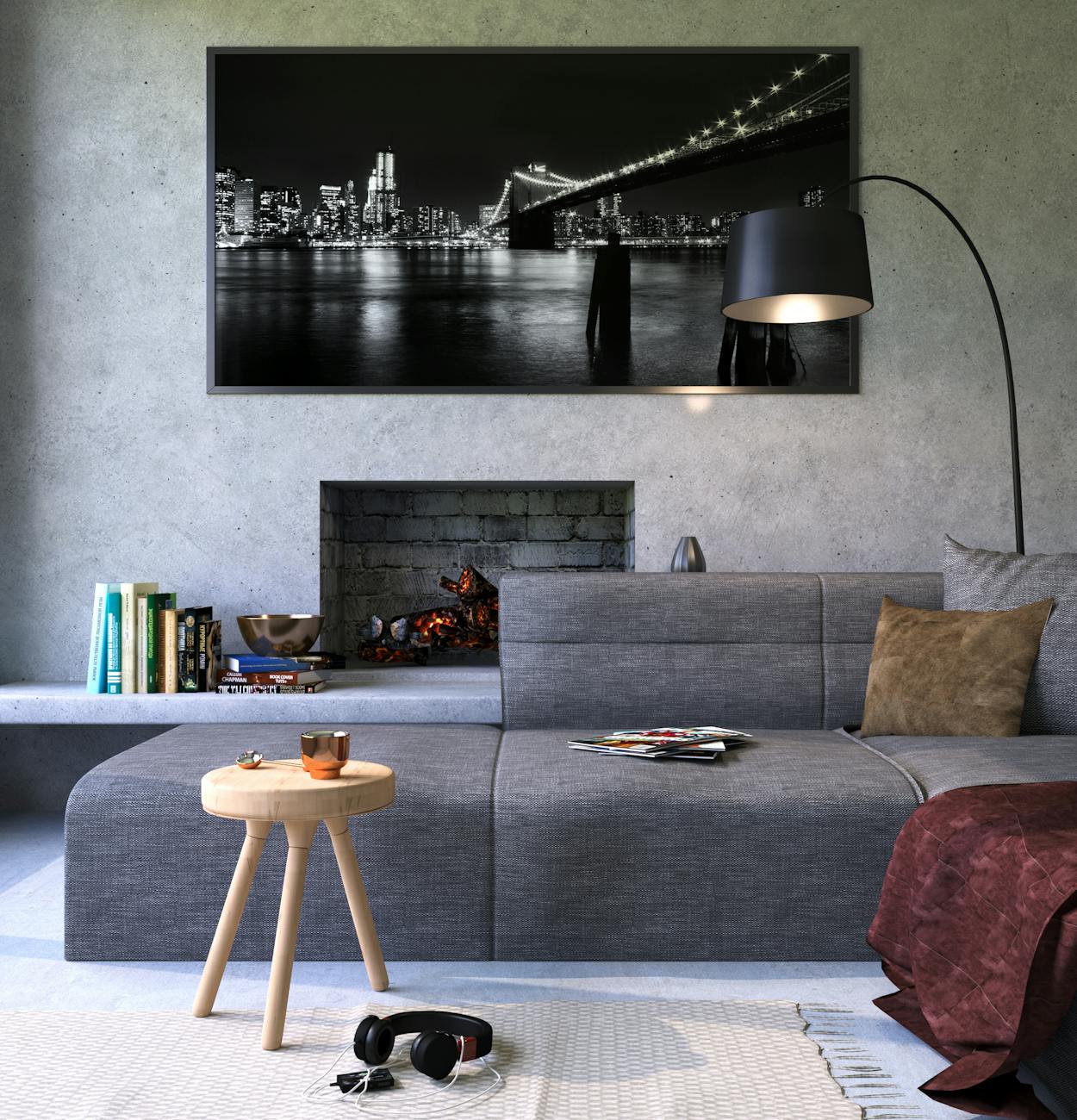 Modern gray living room featuring a fireplace and cityscape artwork, creating a cozy ambiance. Modern gray living room featuring a fireplace and cityscape artwork, creating a cozy ambiance.