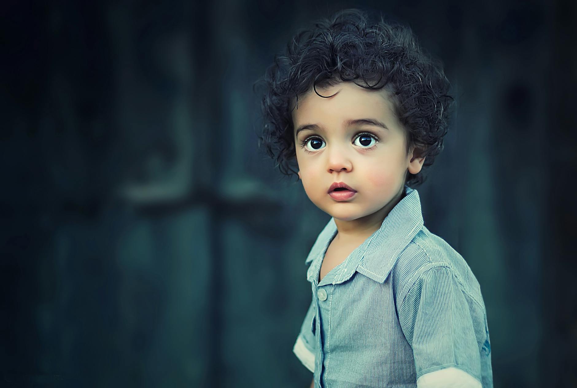 Charming portrait of a young boy with curly hair and striking eyes.