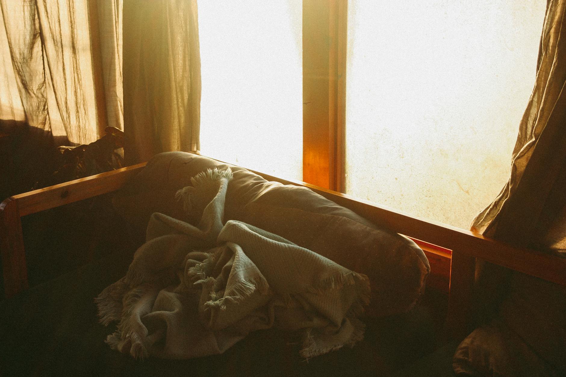 Warm and cozy interior scene with sunlight streaming through a window onto a sofa and blanket. Warm and cozy interior scene with sunlight streaming through a window onto a sofa and blanket.
