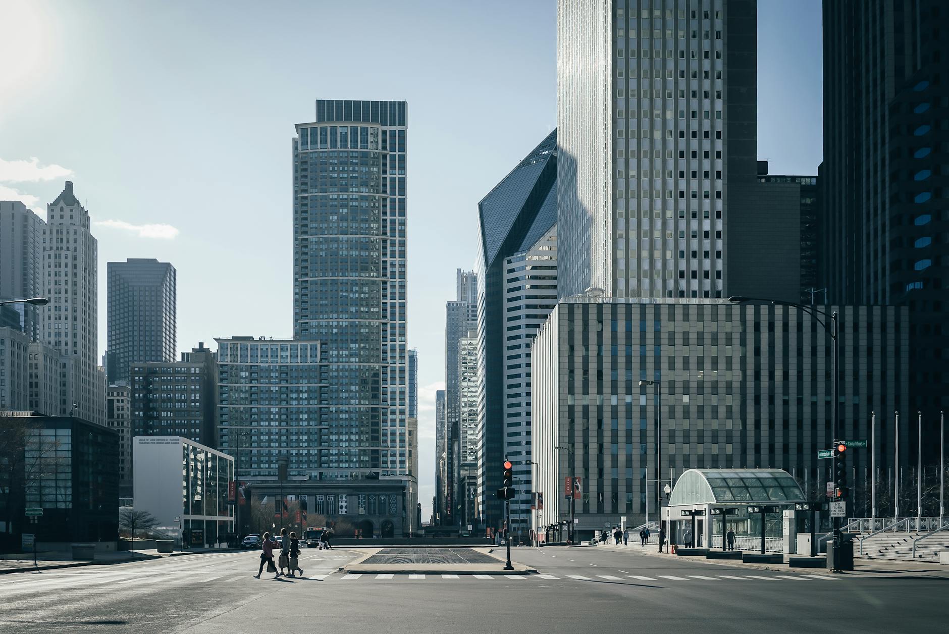 Urban cityscape of Chicago with towering skyscrapers and a calm street view. Urban cityscape of Chicago with towering skyscrapers and a calm street view.