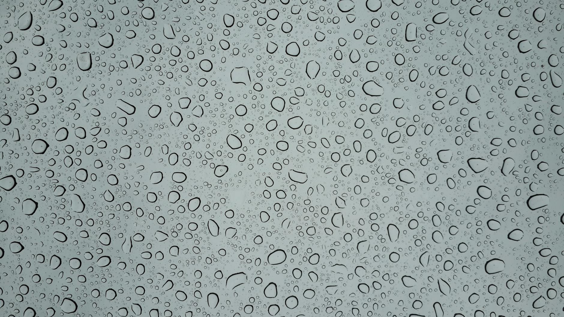 Detailed macro image capturing various water droplets on a glass surface, showcasing texture.