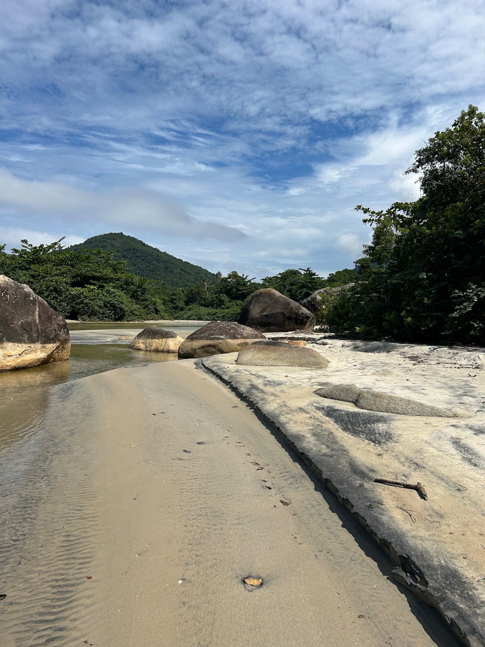 Peaceful beach scene with rocks, lush trees, and distant hills under blue sky. Peaceful beach scene with rocks, lush trees, and distant hills under blue sky.