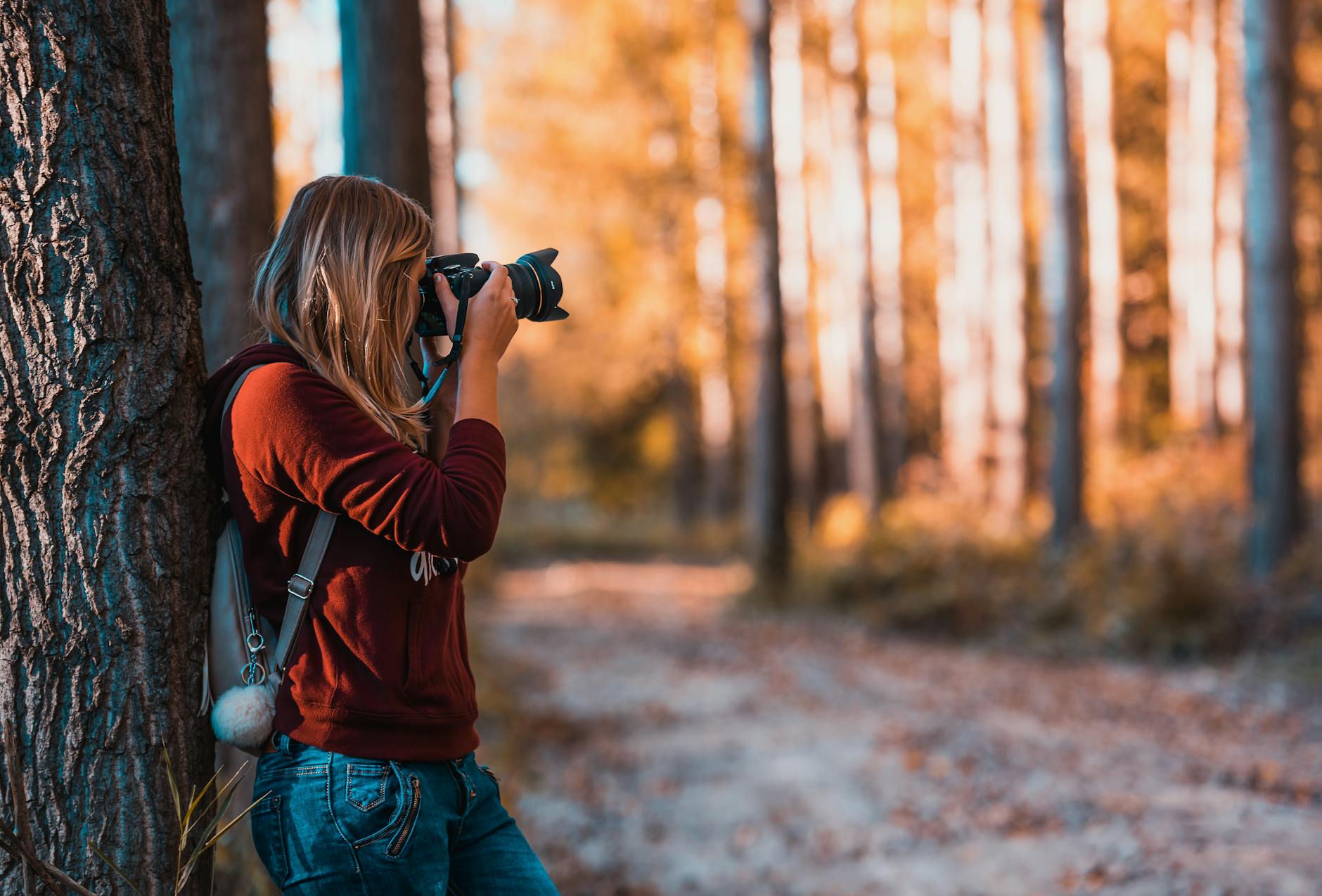A woman taking photos in an autumn forest, perfectly capturing the beauty of nature. A woman taking photos in an autumn forest, perfectly capturing the beauty of nature.