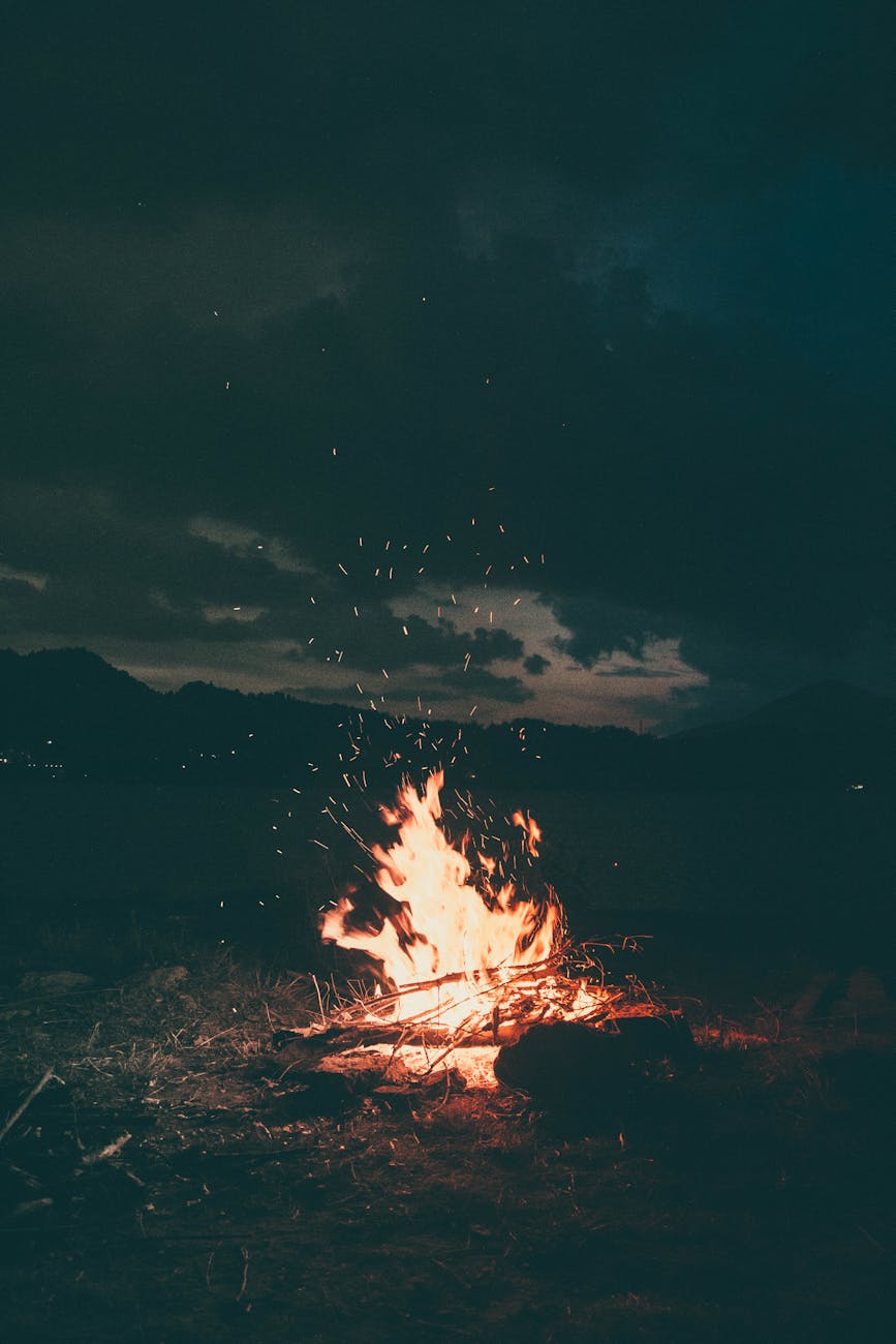 A peaceful campfire burning brightly under a starry sky in Colibița, Romania, creating a warm and cozy atmosphere.