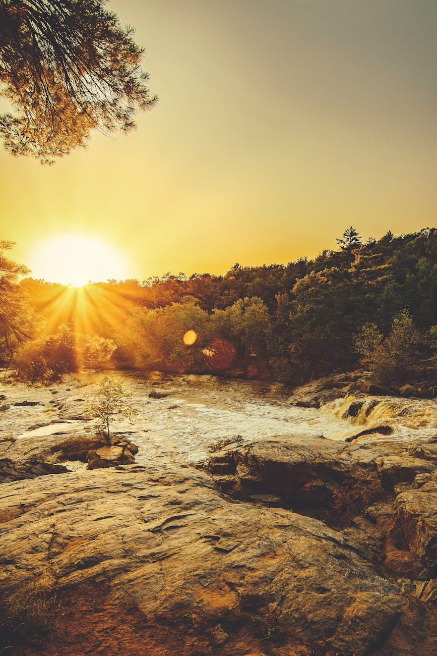 Stunning sunset over a rocky river surrounded by lush greenery and sunbeams creating a serene landscape. Stunning sunset over a rocky river surrounded by lush greenery and sunbeams creating a serene landscape.