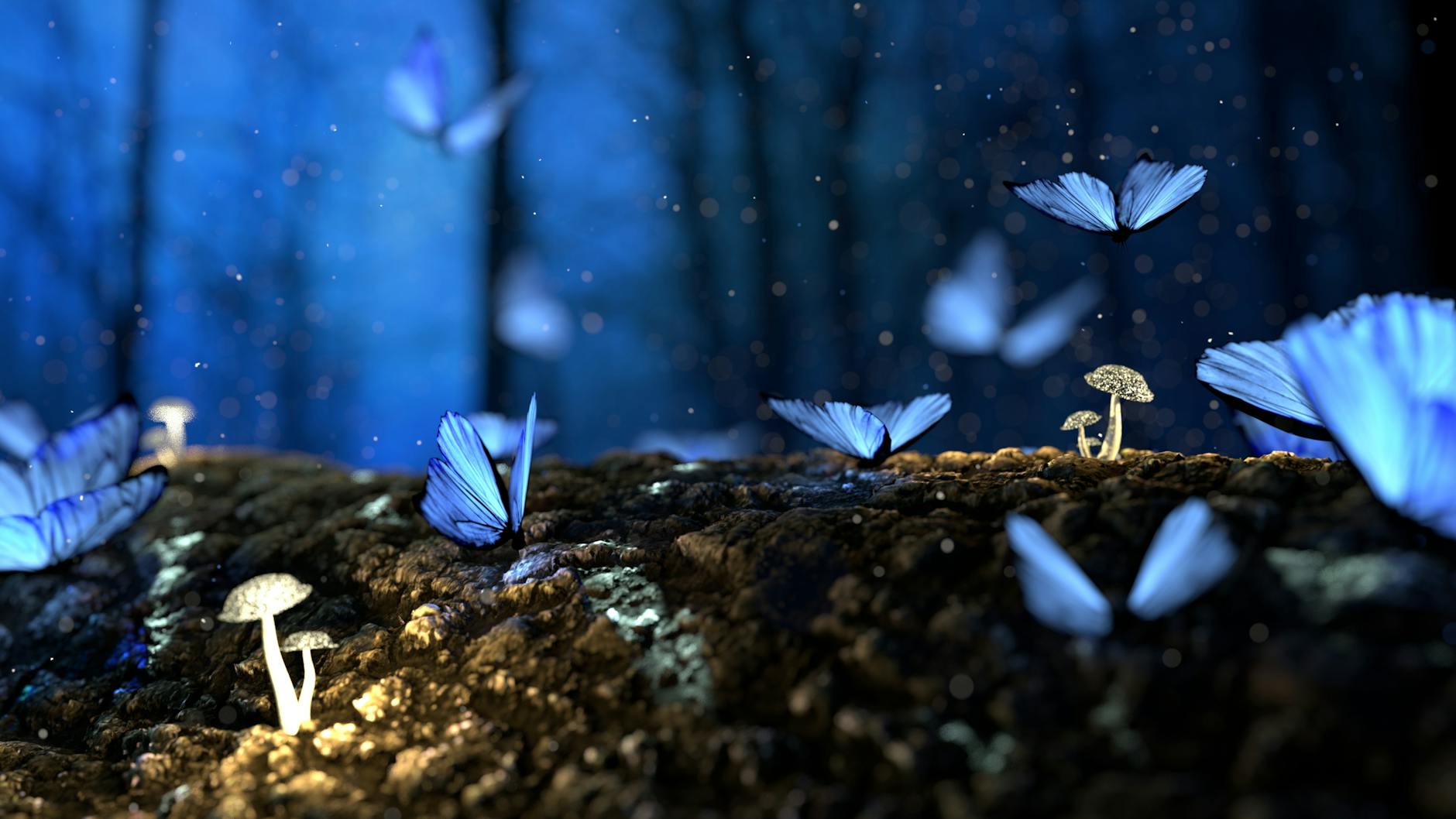 Magical scene of blue butterflies fluttering amidst glowing mushrooms in a dark forest. Magical scene of blue butterflies fluttering amidst glowing mushrooms in a dark forest.