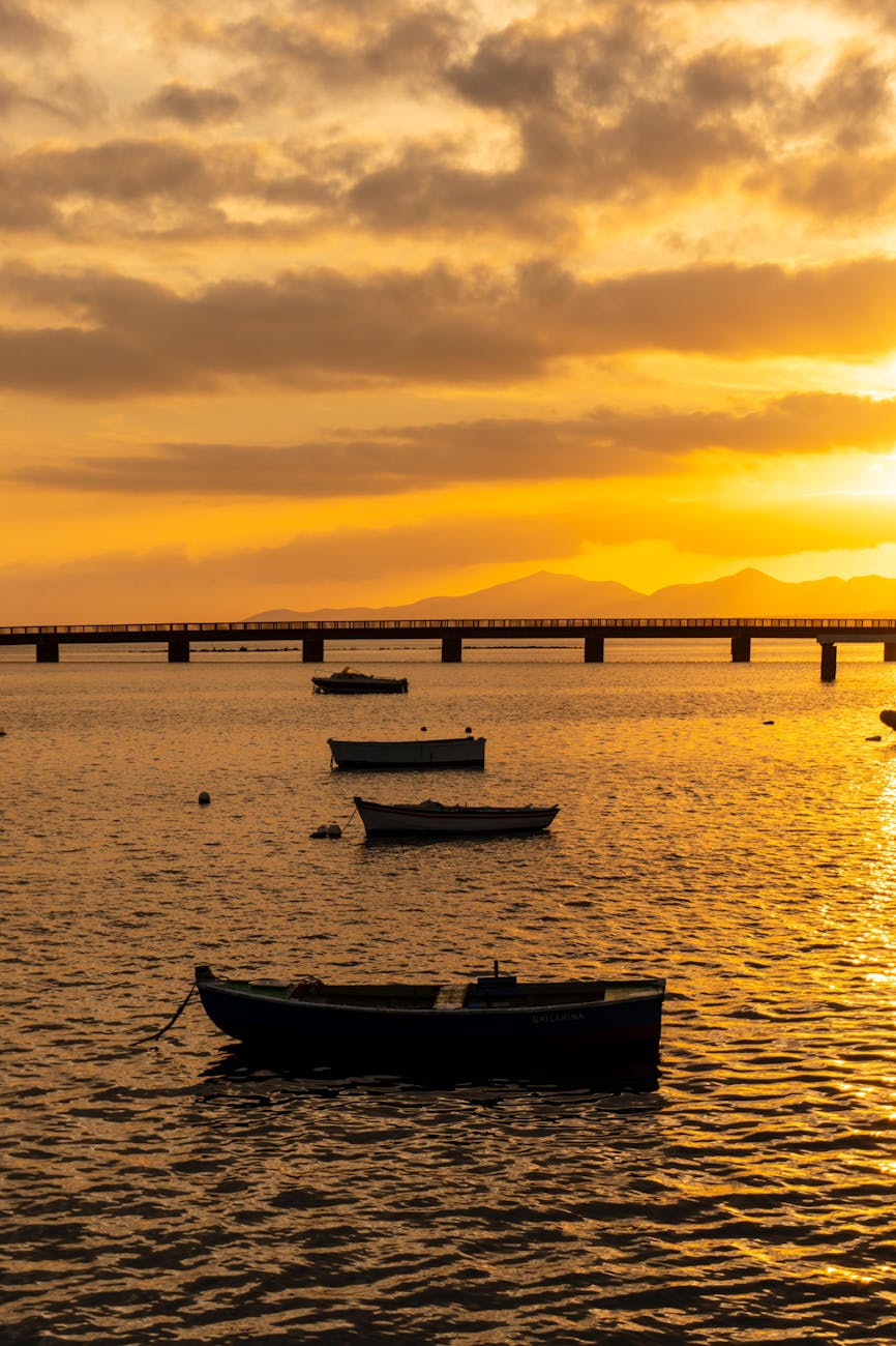 Calm waters and boats silhouetted against a golden sunset with bridge in the background.
