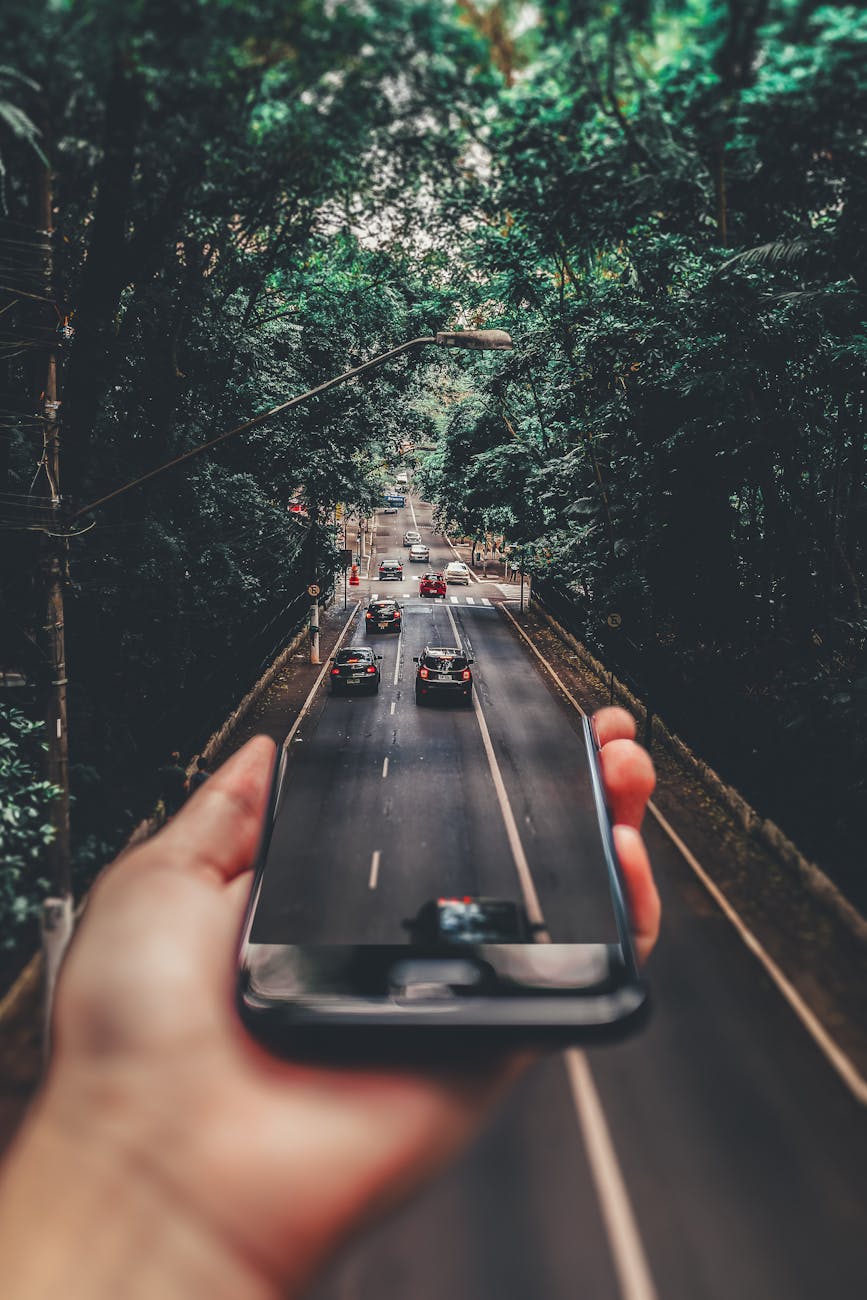 Creative blend of technology and nature with smartphone framing a bustling road through forest.