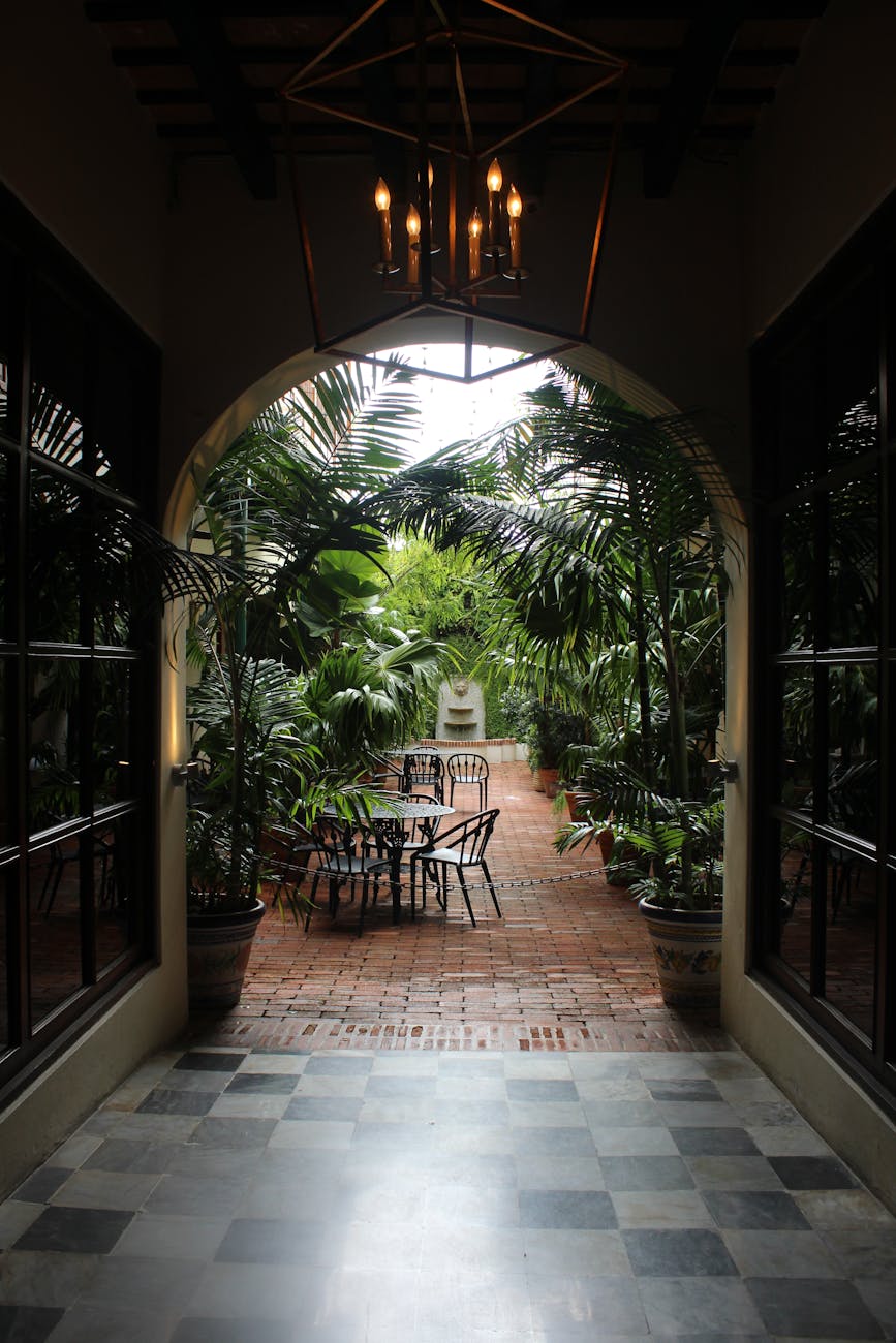 Serene outdoor patio surrounded by tropical plants in San Juan, Puerto Rico. Serene outdoor patio surrounded by tropical plants in San Juan, Puerto Rico.