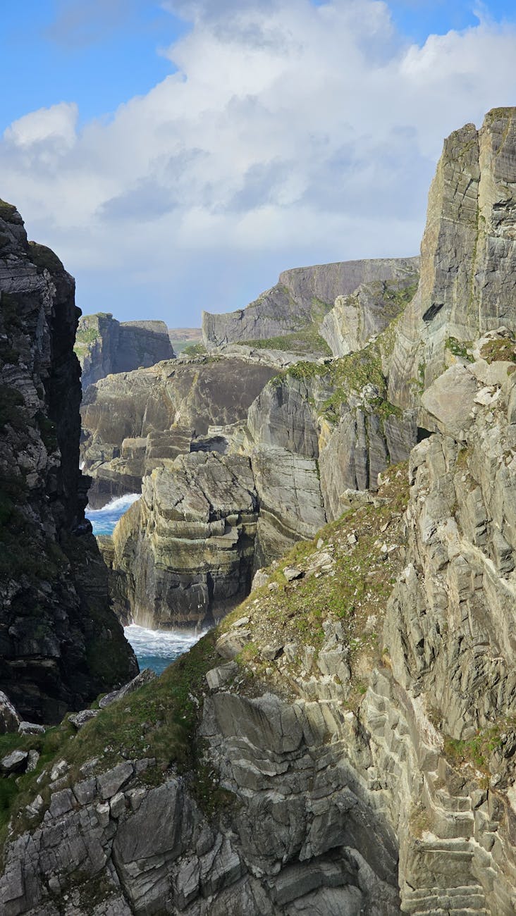 Breathtaking view of rocky cliffs and ocean waves at Мизен Хед, Ireland on a bright day. Breathtaking view of rocky cliffs and ocean waves at Мизен Хед, Ireland on a bright day.