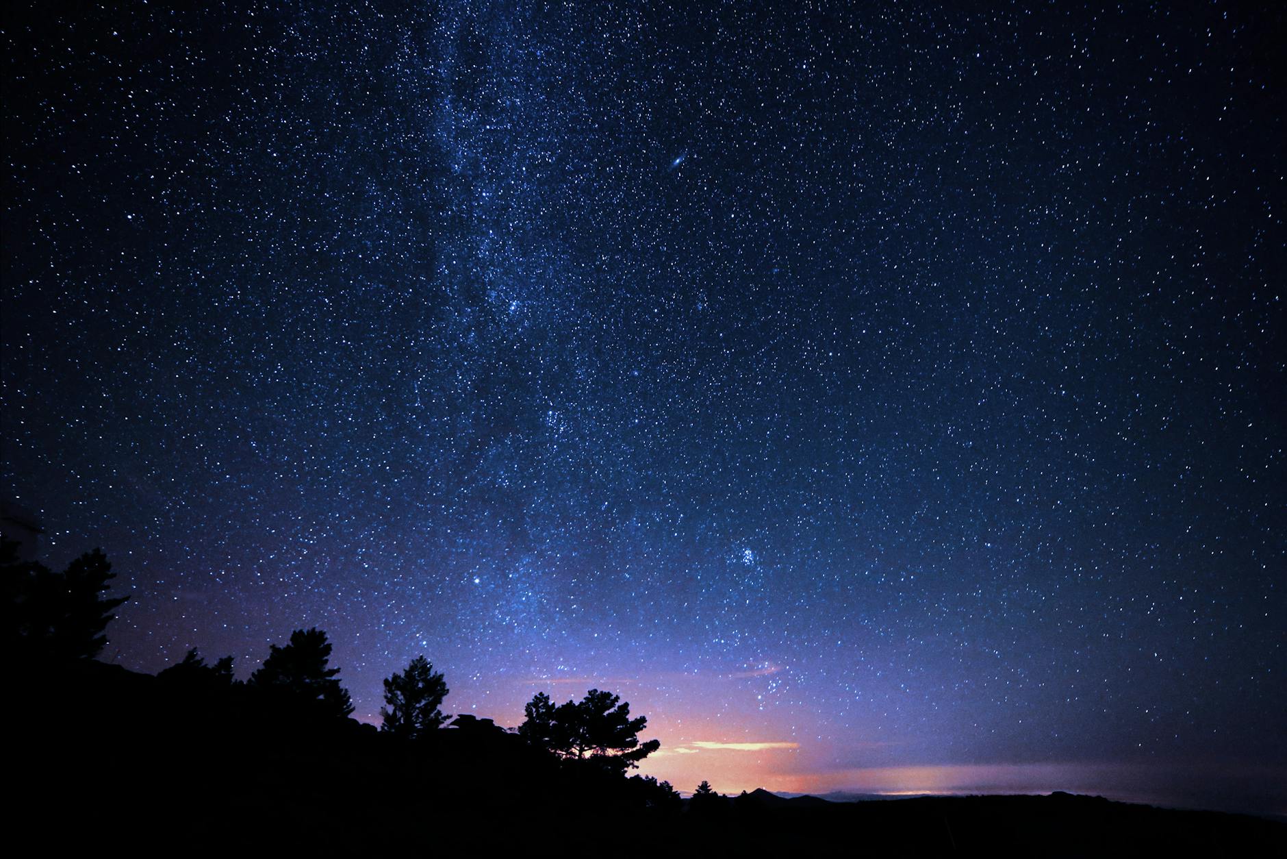 Vivid starry night sky with Milky Way visible above the silhouette of trees in Bacares, Spain.
