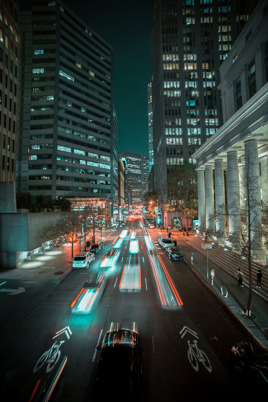 Long exposure of vibrant city traffic and skyscrapers in San Francisco at night. Long exposure of vibrant city traffic and skyscrapers in San Francisco at night.